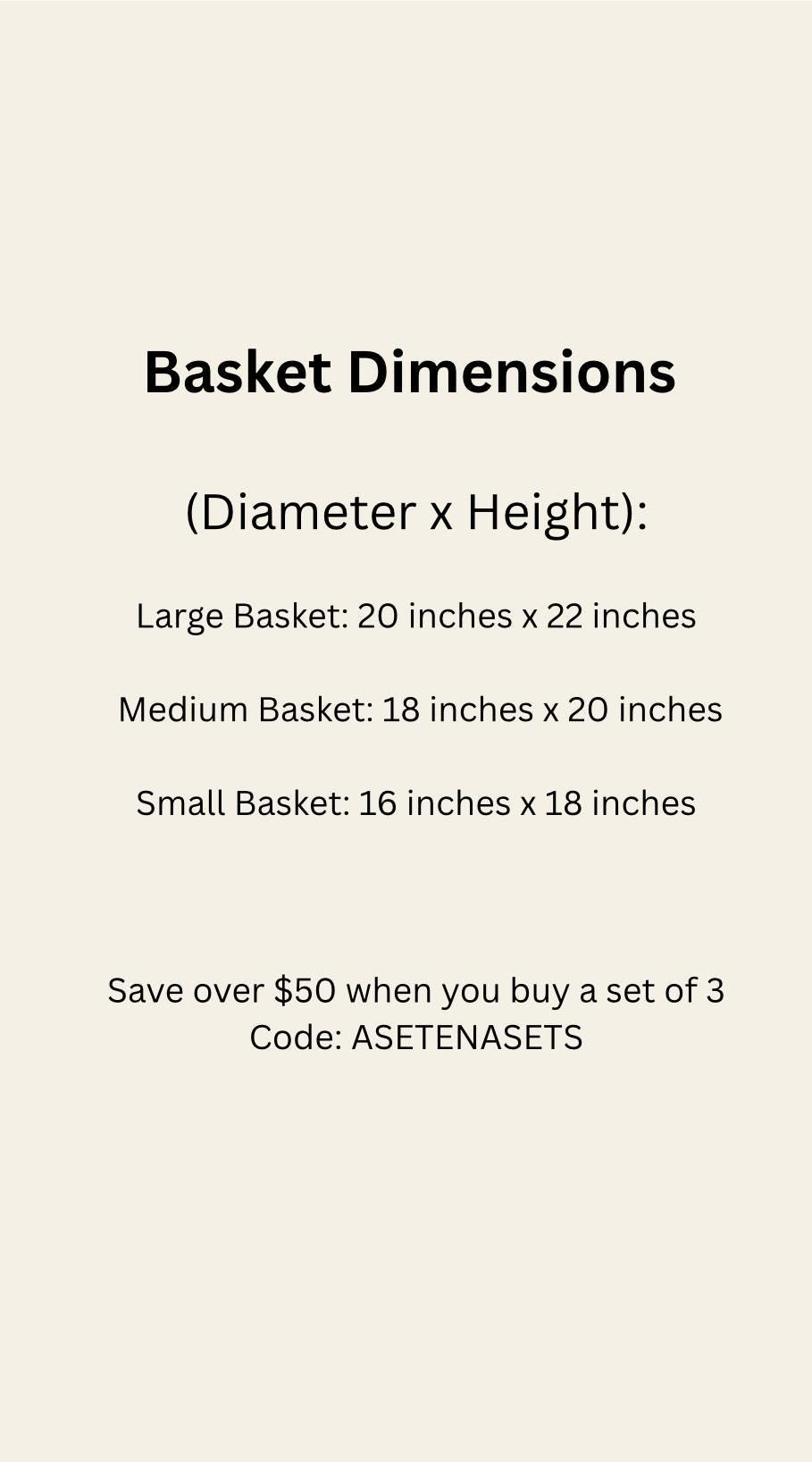 Basket dimensions chart with sizes and a promotional offer on a light gray background